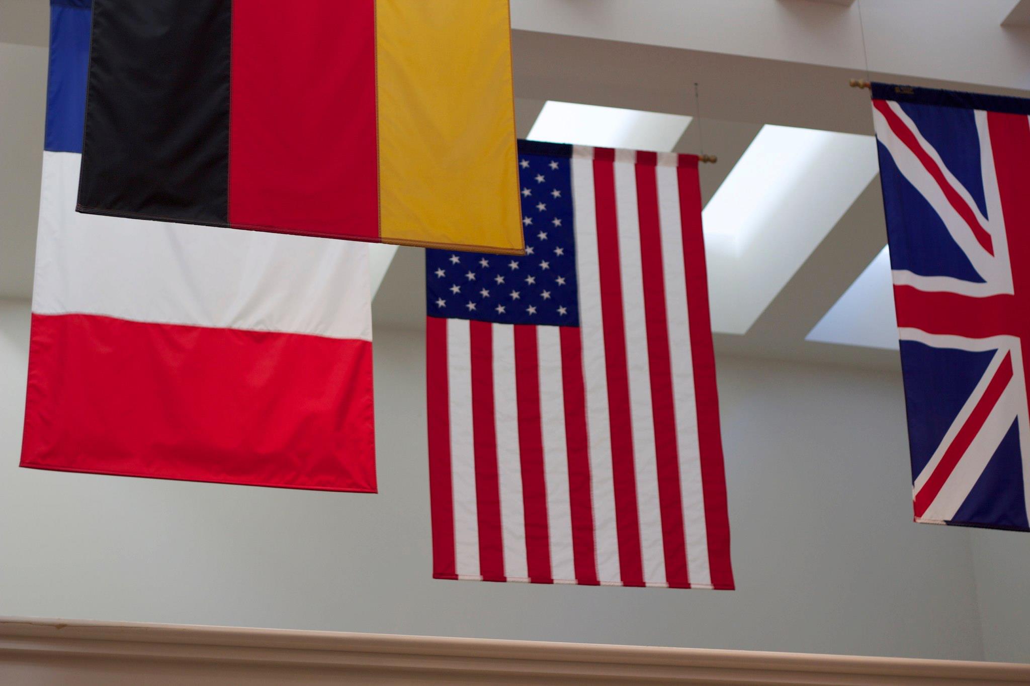 Image of flags hanging from the ceiling at the Nixon Presidential Library in Yorba Linda, California